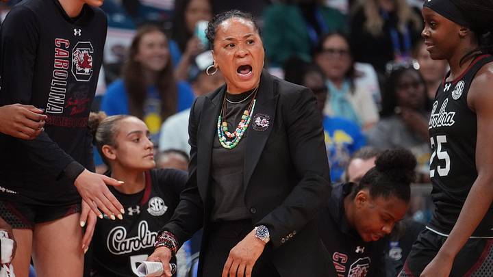 South Carolina Gamecocks head coach Dawn Staley yells out at the referee during their NCAA Women's Final Four semifinal game against the Connecticut Huskies at Mortgage Matchup Center on April 3, 2026. South Carolina Gamecocks head coach Dawn Staley yells out at the referee during their NCAA Women's Final Four semifinal game against the Connecticut Huskies at Mortgage Matchup Center on April 3, 2026.
