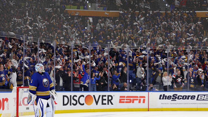 Apr 19, 2026; Buffalo, New York, USA; Buffalo Sabres goaltender Ukko-Pekka Luukkonen (1) looks to the scoreboard during the third period against the Boston Bruins in game one of the first round of the 2026 Stanley Cup Playoffs at KeyBank Center. Mandatory Credit: Timothy T. Ludwig-Imagn Images