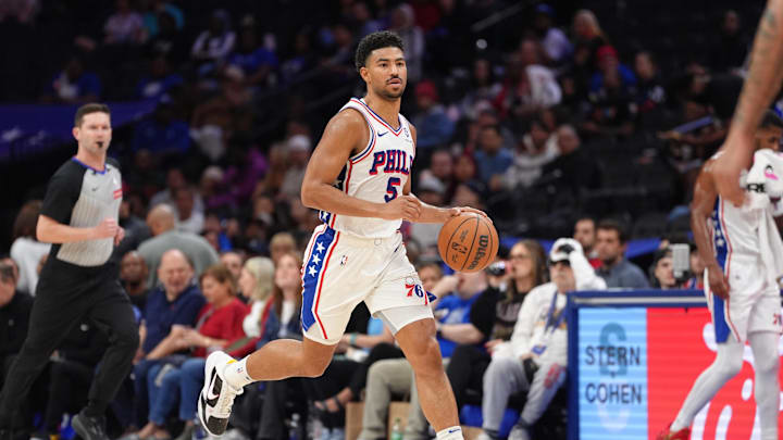 Mar 29, 2025; Philadelphia, Pennsylvania, USA; Philadelphia 76ers guard Quentin Grimes (5) controls the ball against the Miami Heat in the third quarter at Wells Fargo Center. Mandatory Credit: Kyle Ross-Imagn Images