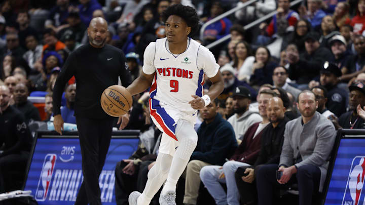 Jan 19, 2026; Detroit, Michigan, USA;  Detroit Pistons guard Ausar Thompson (9) dribbles the ball in the second half against the Boston Celtics at Little Caesars Arena. Mandatory Credit: Rick Osentoski-Imagn Images