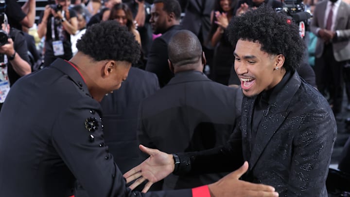 Jun 25, 2025; Brooklyn, NY, USA; Dylan Harper celebrates with Ace Bailey after being selected as the second pick by the San Antonio Spurs in the first round of the 2025 NBA Draft at Barclays Center. Mandatory Credit: Brad Penner-Imagn Images Jun 25, 2025; Brooklyn, NY, USA; Dylan Harper celebrates with Ace Bailey after being selected as the second pick by the San Antonio Spurs in the first round of the 2025 NBA Draft at Barclays Center. Mandatory Credit: Brad Penner-Imagn Images