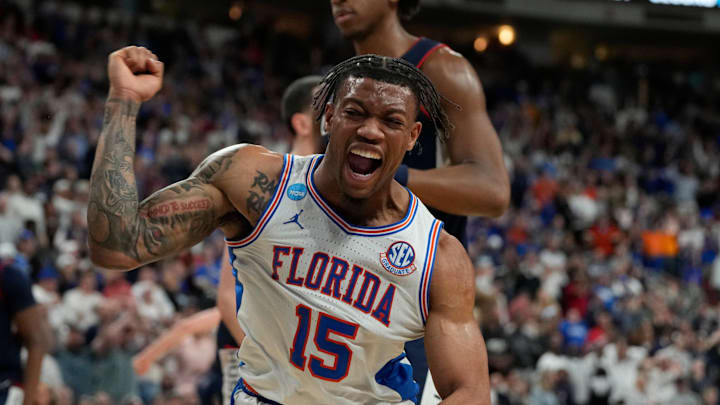 Mar 23, 2025; Raleigh, NC, USA; Florida Gators guard Alijah Martin (15) reacts after scoring in the second half at Lenovo Center. Mandatory Credit: Bob Donnan-Imagn Images