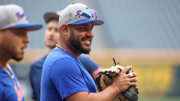 Apr 10, 2024; Atlanta, Georgia, USA; New York Mets catcher Omar Narvaez (2) before batting practice