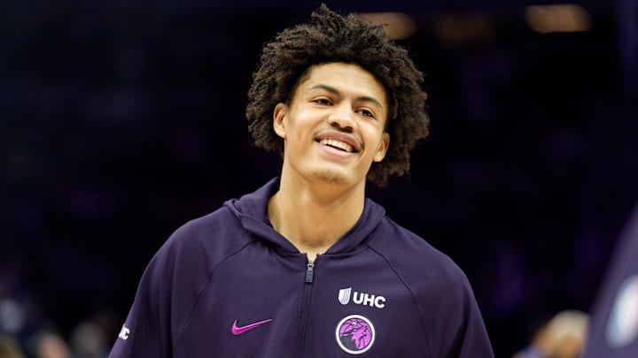 Feb 20, 2026; Minneapolis, Minnesota, USA; Minnesota Timberwolves forward Joan Beringer (19) warms up before a game against the Dallas Mavericks at Target Center. Mandatory Credit: Matt Blewett-Imagn Images