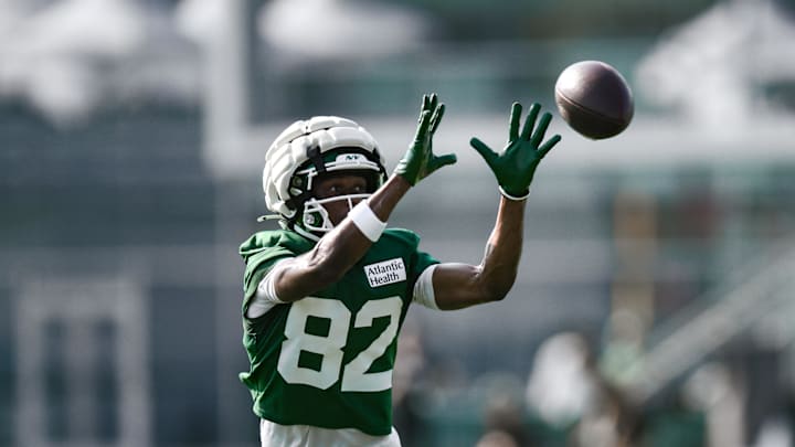 Jul 25, 2025; Florham Park, NJ, USA; New York Jets wide receiver Arian Smith (82) participates in a drill during training camp at Atlantic Health Jets Training Center. Mandatory Credit: John Jones-Imagn Images
