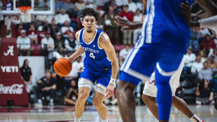Feb 22, 2025; Tuscaloosa, Alabama, USA; Kentucky Wildcats guard Koby Brea (4) drives the ball against the Alabama Crimson Tide during the second half at Coleman Coliseum. Mandatory Credit: Will McLelland-Imagn Images