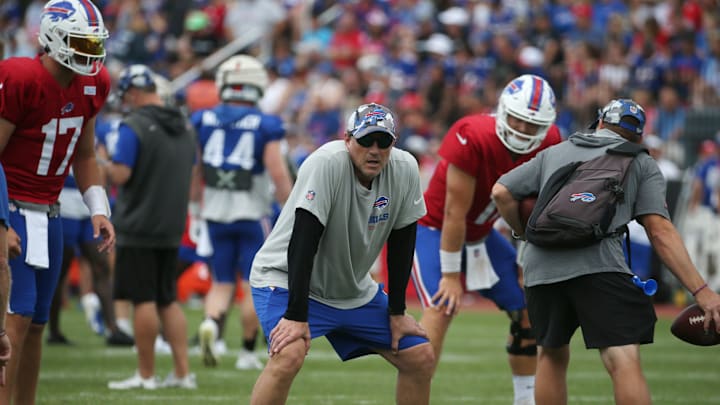 Bills senior offensive assistant Mike Shula, center, lines up as a tight end as he joins in a play during day six of the Buffalo Bills training camp at St John Fisher University in Rochester Saturday, July 30, 2022.
Sd 073022 Bills Camp 25 Spts Bills senior offensive assistant Mike Shula, center, lines up as a tight end as he joins in a play during day six of the Buffalo Bills training camp at St John Fisher University in Rochester Saturday, July 30, 2022.
Sd 073022 Bills Camp 25 Spts