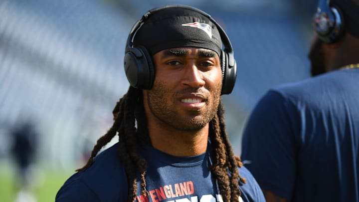 Aug 17, 2019; Nashville, TN, USA; New England Patriots cornerback Stephon Gilmore (24) before the preseason game against the Tennessee Titans at Nissan Stadium. Mandatory Credit: Christopher Hanewinckel-Imagn Images