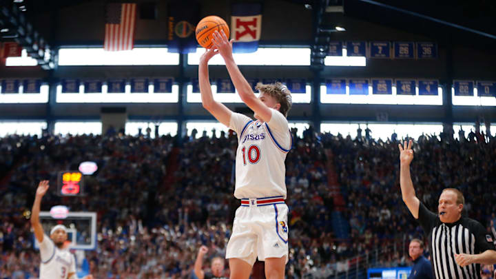 Kansas freshman guard Johnny Furphy (10) shoots for three against Oklahoma in the second half of the