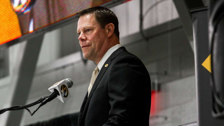 New Missouri athletic director Laird Veatch speaks during a press conference inside Stephens Indoor Facility on April 26, 2024 in Columbia, Mo.