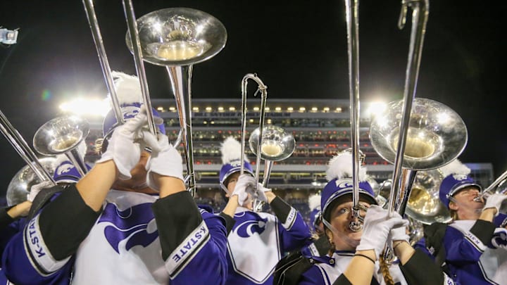 Nov 23, 2024; Manhattan, Kansas, USA; Members of the Pride of Wildcat Land Marching Band perform before a game between the Cincinnati Bearcats and Kansas State Wildcats at Bill Snyder Family Football Stadium. Mandatory Credit: Scott Sewell-Imagn Images