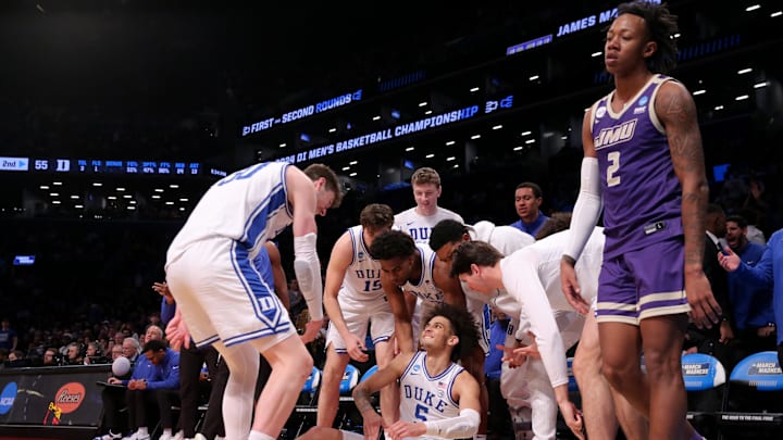 Mar 24, 2024; Brooklyn, NY, USA; Duke Blue Devils guard Tyrese Proctor (5) celebrates his three