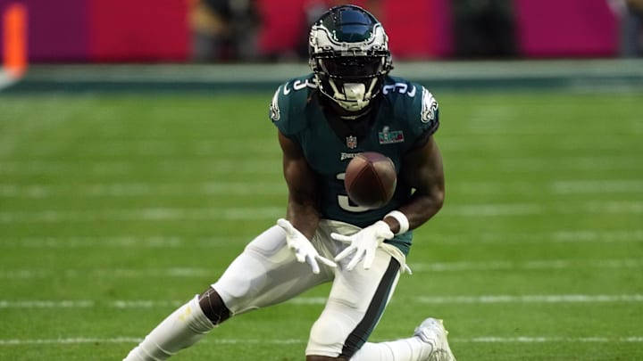 Feb 12, 2023; Glendale, Arizona, US; Philadelphia Eagles wide receiver Zach Pascal (3) against the Kansas City Chiefs during Super Bowl LVII at State Farm Stadium.