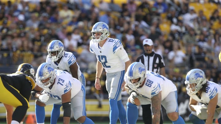 Aug 28, 2022; Pittsburgh, Pennsylvania, USA;  Detroit Lions quarterback Tim Boyle (12) calls out a play at the line of scrimmage against the Pittsburgh Steelers during the second quarter at Acrisure Stadium. Pittsburgh won 19-9. Mandatory Credit: Charles LeClaire-Imagn Images