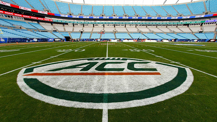 Dec 2, 2017; Charlotte, NC, USA; The ACC logo on the field before the game between the Clemson Tigers and the Miami Hurricanes.