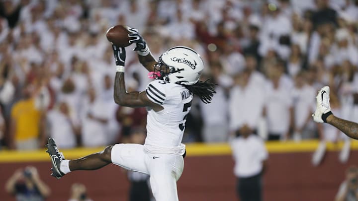 Iowa State Cyclones defensive back Jontez Williams intercepts a pass against Baylor during the third quarter at Jack Trice Stadium on Saturday, Oct. 5, 2024, in Ames, Iowa.