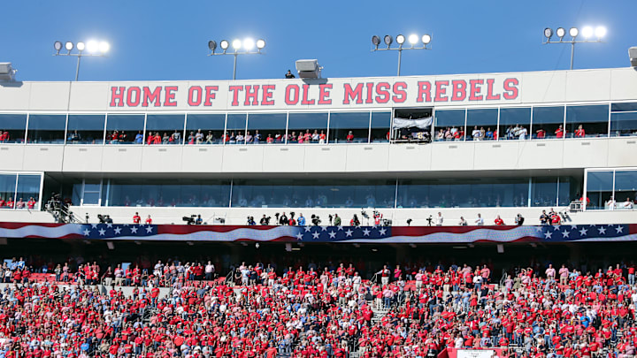Nov 4, 2023; Oxford, Mississippi, USA; Mississippi Rebels fans during the national anthem prior to the game against the Texas A&M Aggies at Vaught-Hemingway Stadium. Mandatory Credit: Petre Thomas-USA TODAY Sports
