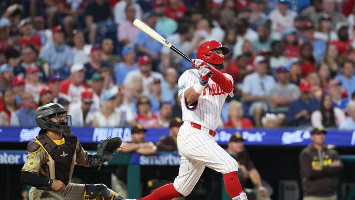 Jun 3, 2026; Philadelphia, Pennsylvania, USA; Philadelphia Phillies designated hitter Kyle Schwarber (12) hits a home run against the San Diego Padres during the seventh inning at Citizens Bank Park. Mandatory Credit: Bill Streicher-Imagn Images Jun 3, 2026; Philadelphia, Pennsylvania, USA; Philadelphia Phillies designated hitter Kyle Schwarber (12) hits a home run against the San Diego Padres during the seventh inning at Citizens Bank Park. Mandatory Credit: Bill Streicher-Imagn Images