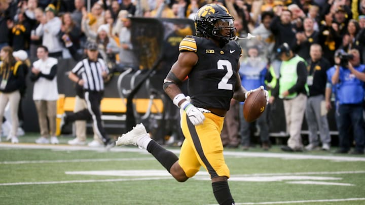 Iowa’s Kaleb Johnson (2) carries the ball to the endzone against Northwestern Saturday, Oct. 26, 2024 at Kinnick Stadium in Iowa City, Iowa.