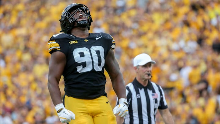 Iowa’s Brian Allen (90) celebrates after a play against Troy Saturday, Sept. 14, 2024 at Kinnick Stadium in Iowa City, Iowa.