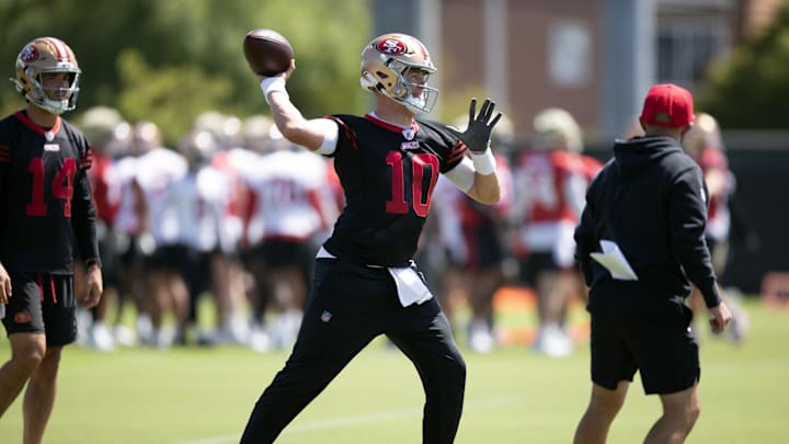 Jun 11, 2025; Santa Clara, CA, USA; San Francisco 49ers quarterback Mac Jones (10) throws a pass during a team OTA at Levi's Stadium. Mandatory Credit: D. Ross Cameron-Imagn Images