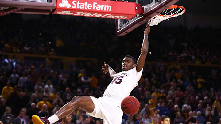 Arizona State Sun Devils forward Zylan Cheatham drives to the basket and dunks the ball against the Washington Huskies in the second half on Feb. 9 at Wells Fargo Arena in Tempe.
Washington Vs Arizona State 2019 Arizona State Sun Devils forward Zylan Cheatham drives to the basket and dunks the ball against the Washington Huskies in the second half on Feb. 9 at Wells Fargo Arena in Tempe.
Washington Vs Arizona State 2019