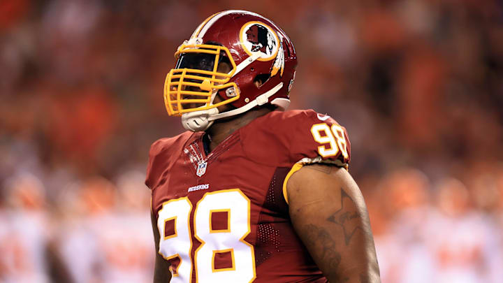 Aug 13, 2015; Cleveland, OH, USA; Washington Redskins defensive tackle Terrance Knighton (98) in a preseason NFL football game against the Cleveland Browns at FirstEnergy Stadium. Mandatory Credit: Andrew Weber-Imagn Images