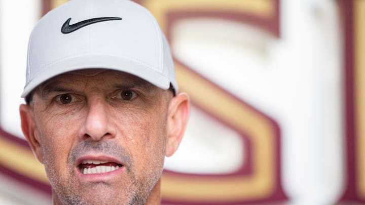 Florida State baseball coach Link Jarrett talks to the media before he and the team leaves to play in the College World Series in Omaha, Nebraska, Wednesday, June 12, 2024.