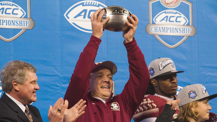 Dec 6, 2014; Charlotte, NC, USA; Florida State Seminoles head coach Jimbo Fisher holds up the ACC trophy after defeating the Georgia Tech Yellow Jackets at Bank of America Stadium. FSU defeated Georgia Tech 37-35. Mandatory Credit: Jeremy Brevard-Imagn Images Dec 6, 2014; Charlotte, NC, USA; Florida State Seminoles head coach Jimbo Fisher holds up the ACC trophy after defeating the Georgia Tech Yellow Jackets at Bank of America Stadium. FSU defeated Georgia Tech 37-35. Mandatory Credit: Jeremy Brevard-Imagn Images