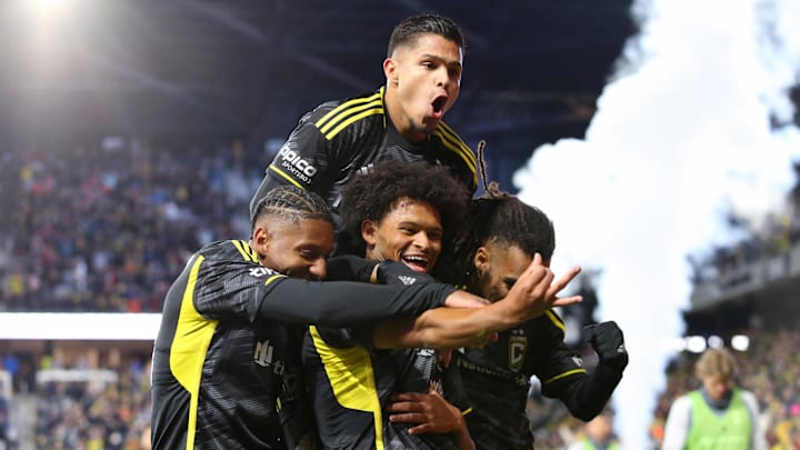 Mar 9, 2024; Columbus, Ohio, USA; Columbus Crew forward Jacen Russell-Rowe (19) celebrates after
