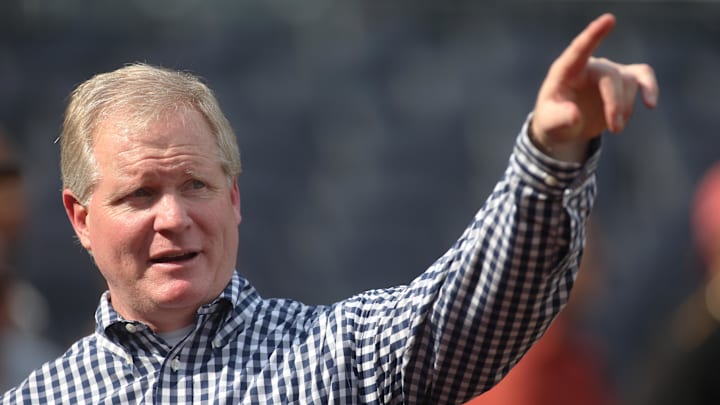 Aug 6, 2019; Pittsburgh, PA, USA;   Pittsburgh Pirates general manager Neal Huntington gestures on the field before the Pirates host the Milwaukee Brewers at PNC Park. Mandatory Credit: Charles LeClaire-Imagn Images
