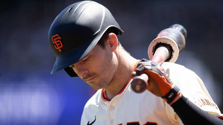 San Francisco, California, USA; San Francisco Giants right fielder Mike Yastrzemski waits in the on deck circle during the sixth inning against the Los Angeles Dodgers at Oracle Park. Mandatory Credit: D. Ross Cameron-Imagn Images