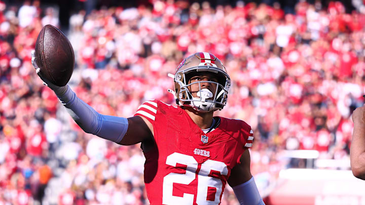 Oct 29, 2023; Santa Clara, California, USA; San Francisco 49ers cornerback Isaiah Oliver (26) holds the ball following an interception. 