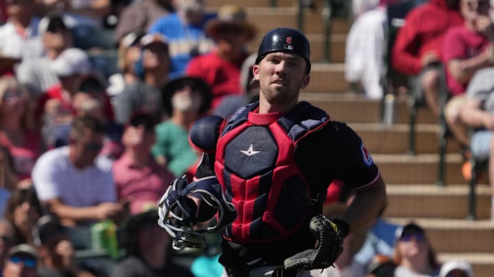 Mar 13, 2026; Tempe, Arizona, USA; Cleveland Guardians catcher David Fry (6) looks for the ball against the Los Angeles Angels in the first inning at Tempe Diablo Stadium. Mandatory Credit: Rick Scuteri-Imagn Images