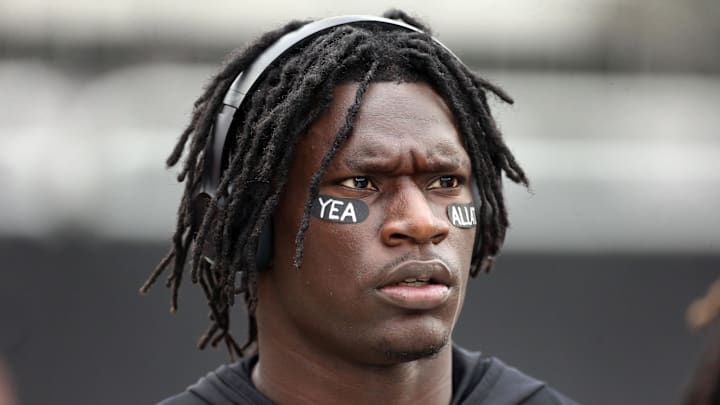 Oct 25, 2025; Starkville, Mississippi, USA; Mississippi State Bulldogs defensive back Kelley Jones (1) looks on during warm ups  prior to the game against the Texas Longhorns at Davis Wade Stadium at Scott Field. Mandatory Credit: Petre Thomas-Imagn Images