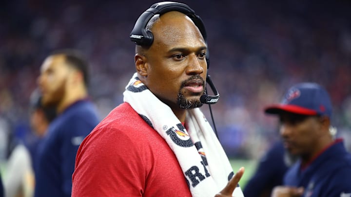 Jan 5, 2019; Houston, TX, USA; Houston Texans defensive line coach Anthony Weaver against the Indianapolis Colts during the AFC Wild Card at NRG Stadium. Mandatory Credit: Mark J. Rebilas-Imagn Images