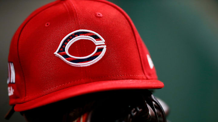 The Cincinnati Reds wear special hats for the 4th of July Weekend.