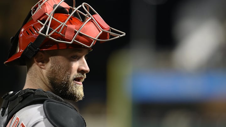 Cincinnati Reds catcher Tucker Barnhart (16) looks on.
