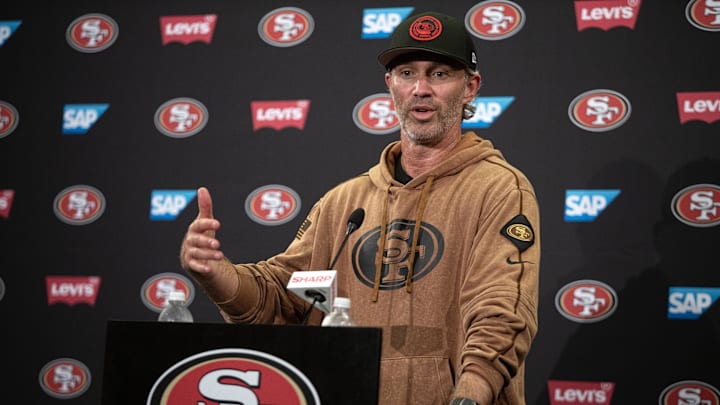 Jul 25, 2024; Santa Clara, CA, USA; San Francisco 49ers defensive coordinator Nick Sorensen answers questions at a press conference following Day 3 of training camp at SAP Performance Facility. Mandatory Credit: D. Ross Cameron-Imagn Images Jul 25, 2024; Santa Clara, CA, USA; San Francisco 49ers defensive coordinator Nick Sorensen answers questions at a press conference following Day 3 of training camp at SAP Performance Facility. Mandatory Credit: D. Ross Cameron-Imagn Images