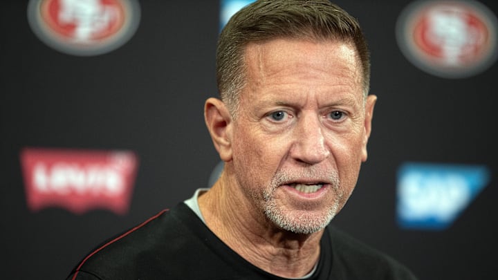Jul 26, 2024; Santa Clara, CA, USA; San Francisco 49ers run game coordinator Chris Foerster talks to the press during Day 4 of training camp at SAP Performance Facility. Mandatory Credit: D. Ross Cameron-Imagn Images