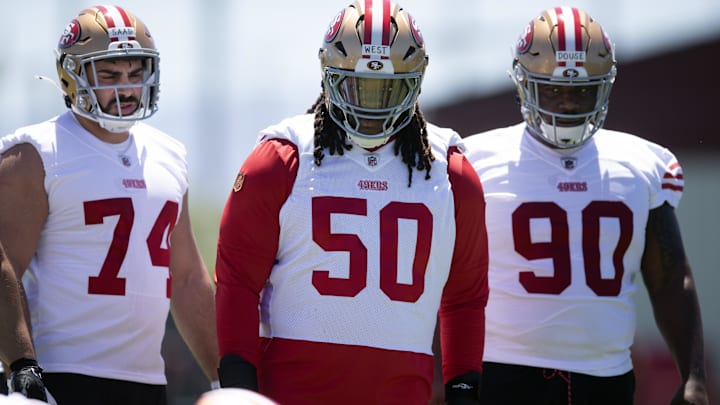 May 9, 2025; Santa Clara, CA, USA; San Francisco 49ers defensive line tryouts Ali Saad (74), C.J. West (50) and DíQuan Douse (90) wait for their turn at a blocking drill during the teamís rookie minicamp. Mandatory Credit: D. Ross Cameron-Imagn Images May 9, 2025; Santa Clara, CA, USA; San Francisco 49ers defensive line tryouts Ali Saad (74), C.J. West (50) and DíQuan Douse (90) wait for their turn at a blocking drill during the teamís rookie minicamp. Mandatory Credit: D. Ross Cameron-Imagn Images
