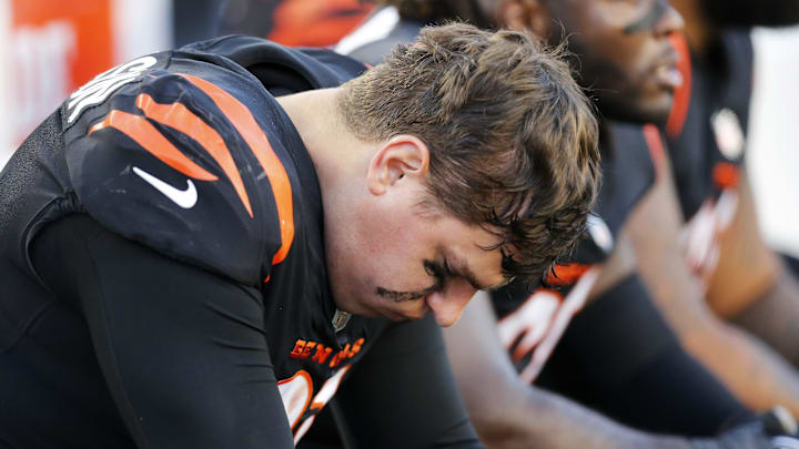 Cincinnati Bengals defensive end Trey Hendrickson (91) hangs his head on the sideline in the fourth quarter of the NFL Week 9 game between the Cincinnati Bengals and the Cleveland Browns at Paul Brown Stadium in Cincinnati on Sunday, Nov. 7, 2021. Cleveland kept a halftime lead to clinch a 41-16 win over the Bengals. Cincinnati Bengals defensive end Trey Hendrickson (91) hangs his head on the sideline in the fourth quarter of the NFL Week 9 game between the Cincinnati Bengals and the Cleveland Browns at Paul Brown Stadium in Cincinnati on Sunday, Nov. 7, 2021. Cleveland kept a halftime lead to clinch a 41-16 win over the Bengals.