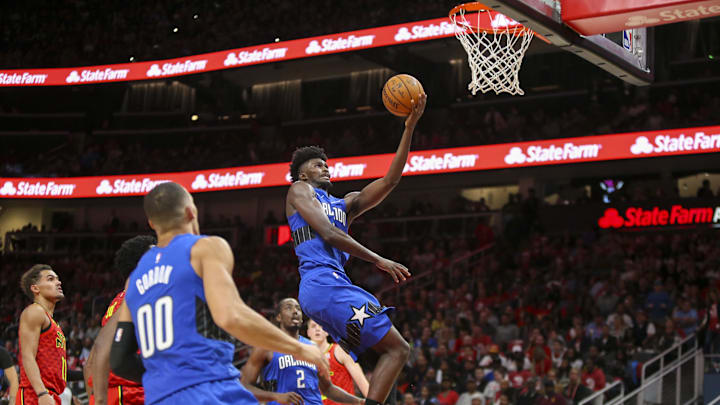 Oct 26, 2019; Atlanta, GA, USA; Orlando Magic forward Jonathan Isaac (1) shoots against the Atlanta Hawks in the second quarter at State Farm Arena. Mandatory Credit: Brett Davis-USA TODAY Sports