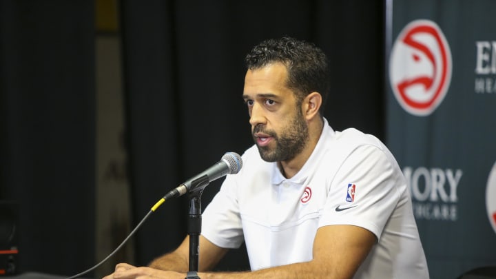 Sep 23, 2022; Atlanta, GA, USA; Atlanta Hawks general manager Landry Fields speaks at a press conference at Hawks Media Day. Mandatory Credit: Brett Davis-USA TODAY Sports Sep 23, 2022; Atlanta, GA, USA; Atlanta Hawks general manager Landry Fields speaks at a press conference at Hawks Media Day. Mandatory Credit: Brett Davis-USA TODAY Sports