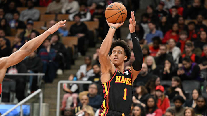 Dec 29, 2024; Toronto, Ontario, CAN; Atlanta Hawks forward Jalen Johnson (1) shoots the ball against the Toronto Raptors in the first half at Scotiabank Arena. Mandatory Credit: Dan Hamilton-Imagn Images Dec 29, 2024; Toronto, Ontario, CAN; Atlanta Hawks forward Jalen Johnson (1) shoots the ball against the Toronto Raptors in the first half at Scotiabank Arena. Mandatory Credit: Dan Hamilton-Imagn Images