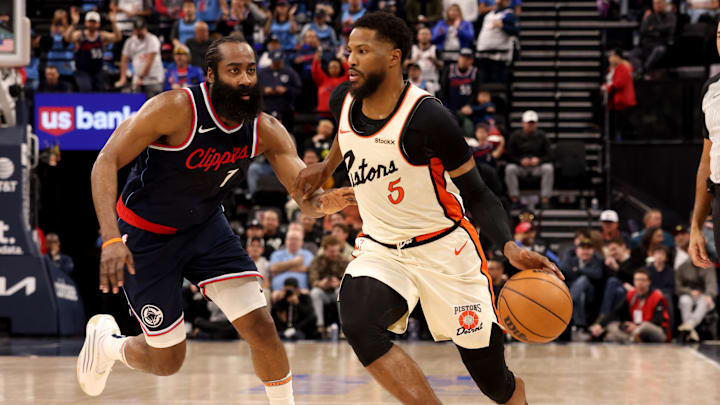 Mar 5, 2025; Inglewood, California, USA; Detroit Pistons guard Malik Beasley (5) drives against LA Clippers guard James Harden (1) during the third quarter at Intuit Dome. Mandatory Credit: Jason Parkhurst-Imagn Images Mar 5, 2025; Inglewood, California, USA; Detroit Pistons guard Malik Beasley (5) drives against LA Clippers guard James Harden (1) during the third quarter at Intuit Dome. Mandatory Credit: Jason Parkhurst-Imagn Images