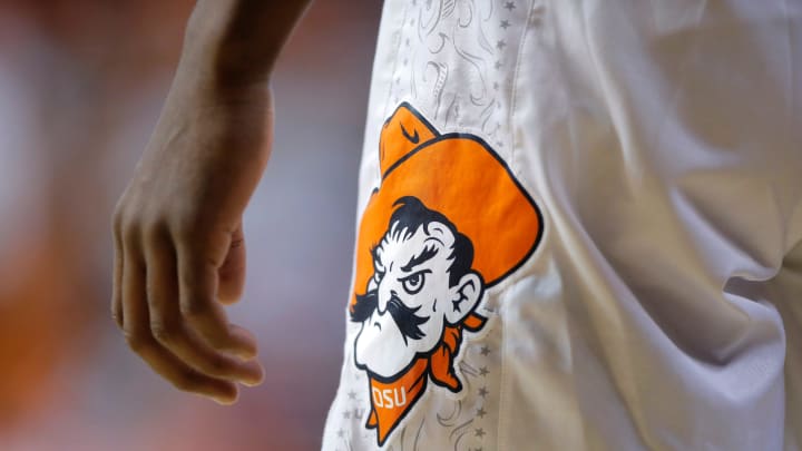 A Pistol Pete logo is seen on an OSU uniform during a men's college basketball game between the Oklahoma State Cowboys (OSU) and UT Arlington at Gallagher-Iba Arena in Stillwater, Okla., Monday, Nov. 7, 2022.

Osu Men S Basketball