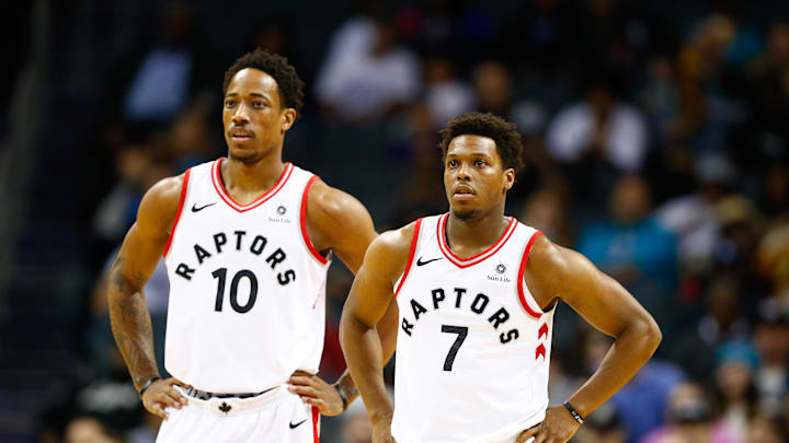 Feb 11, 2018; Charlotte, NC, USA; Toronto Raptors guard Kyle Lowry (7) and guard DeMar DeRozan (10) stands on the court in the first half against the Charlotte Hornets at Spectrum Center. Mandatory Credit: Jeremy Brevard-Imagn Images Feb 11, 2018; Charlotte, NC, USA; Toronto Raptors guard Kyle Lowry (7) and guard DeMar DeRozan (10) stands on the court in the first half against the Charlotte Hornets at Spectrum Center. Mandatory Credit: Jeremy Brevard-Imagn Images