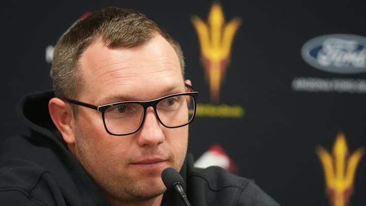 Arizona State head football coach Kenny Dillingham speaks to the media during a news conference at Mountain America Stadium in Tempe on Oct. 20, 2025.