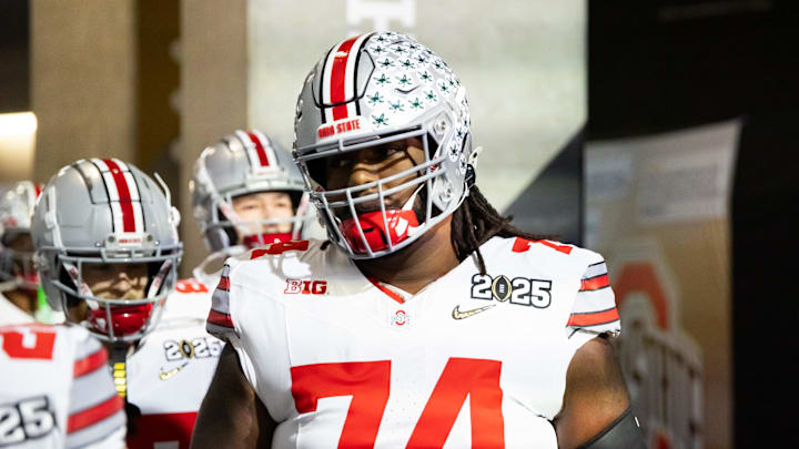 Jan 20, 2025; Atlanta, GA, USA; Ohio State Buckeyes offensive lineman Donovan Jackson (74) against the Notre Dame Fighting Irish during the CFP National Championship college football game at Mercedes-Benz Stadium. Mandatory Credit: Mark J. Rebilas-Imagn Images